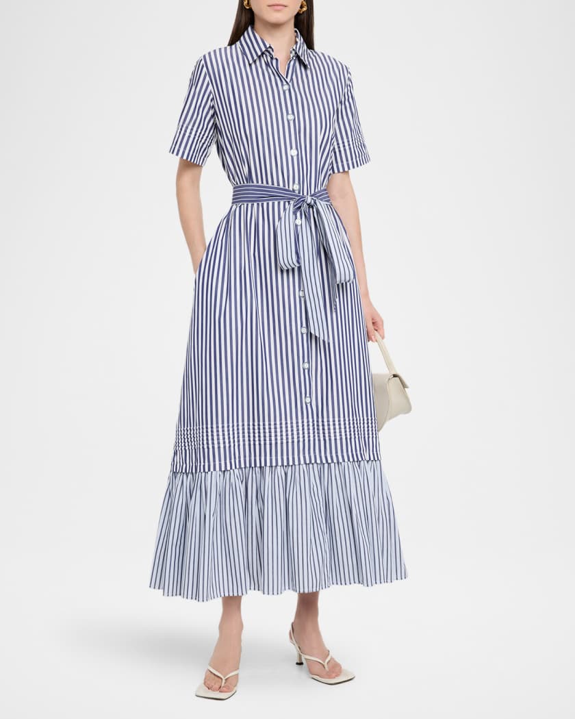 Melanie Flounce Striped Cotton Midi Shirtdress