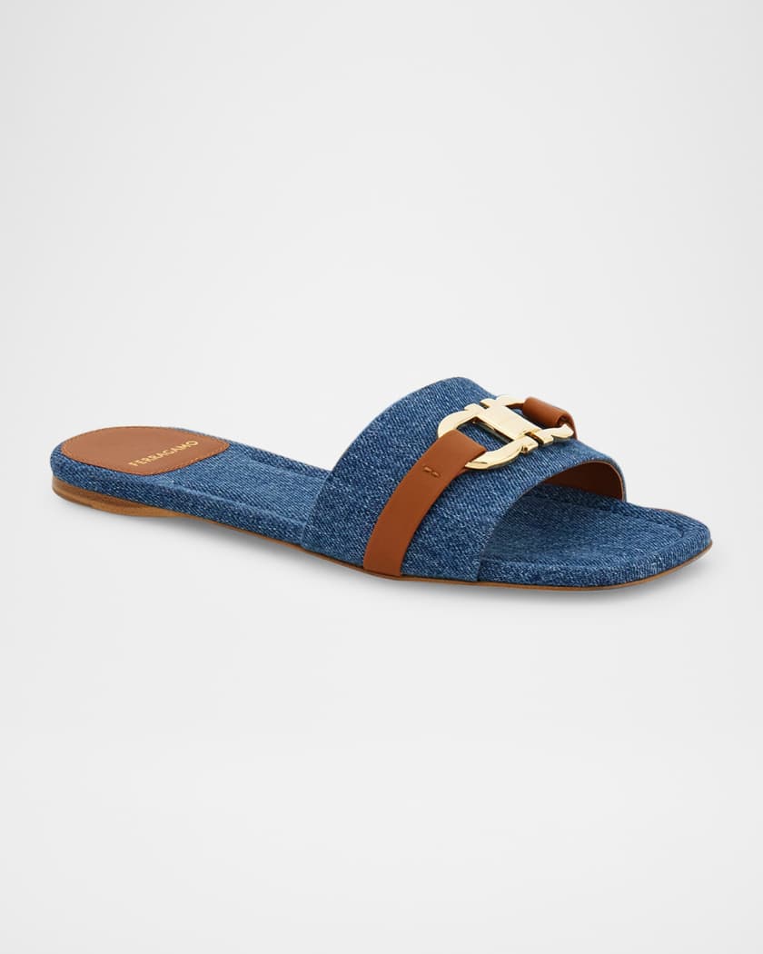 Leah Gancini Bit Denim Slide Sandals