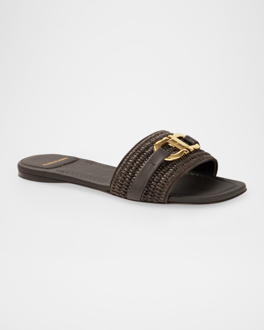 Leah Gancini Bit Raffia Slide Sandals