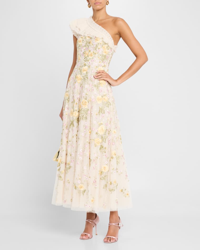 Florine One-Shoulder Embroidered Tulle Gown