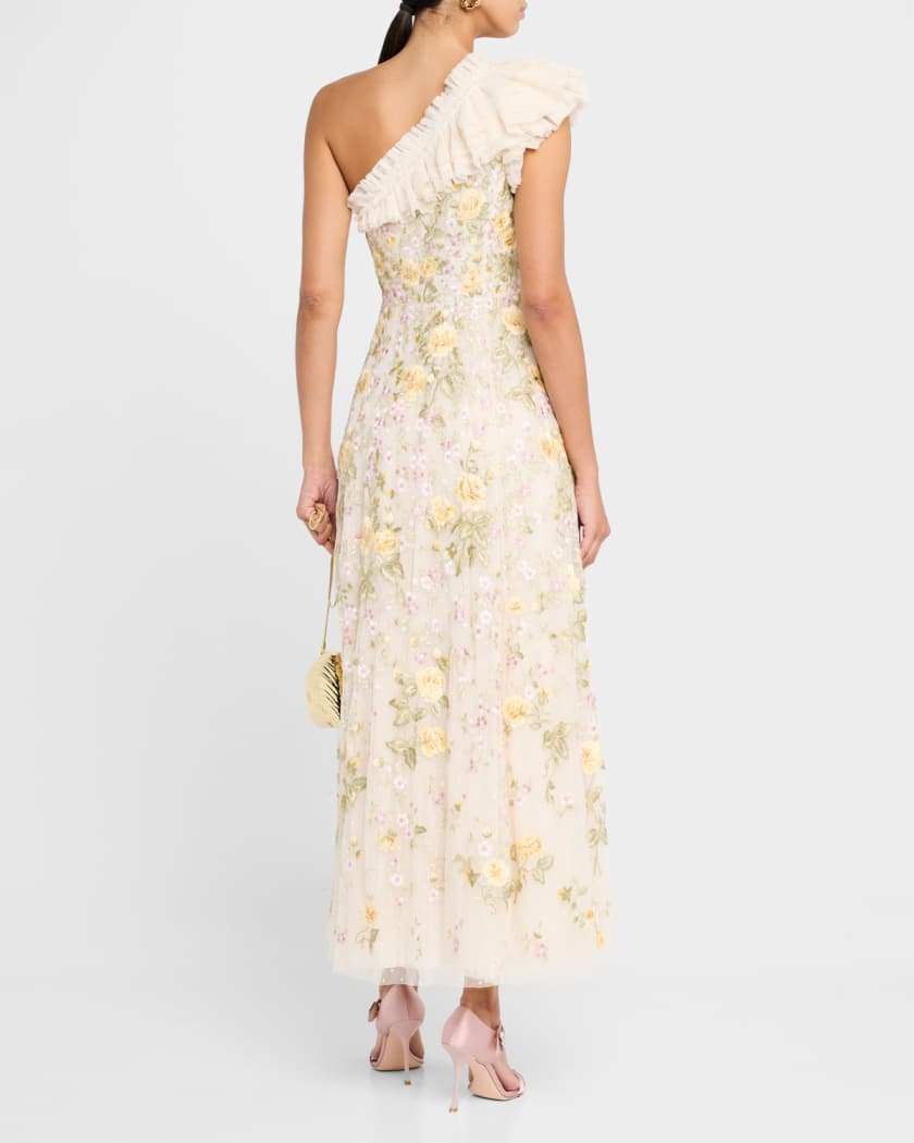 Florine One-Shoulder Embroidered Tulle Gown