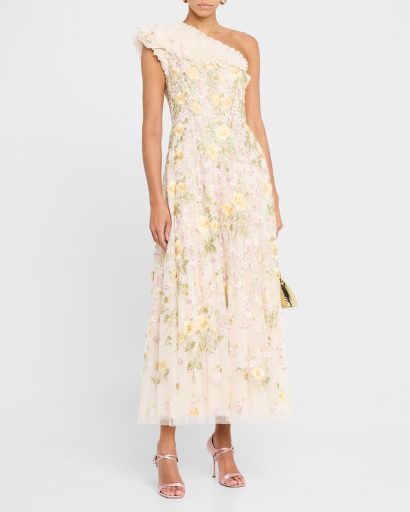 Florine One-Shoulder Embroidered Tulle Gown