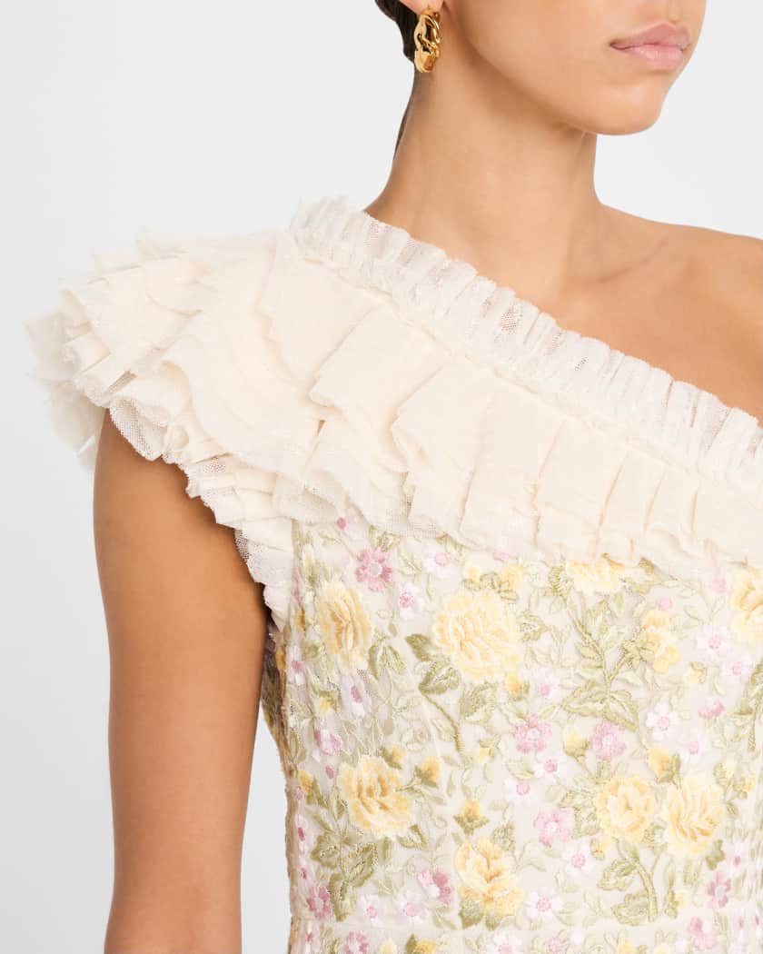 Florine One-Shoulder Embroidered Tulle Gown