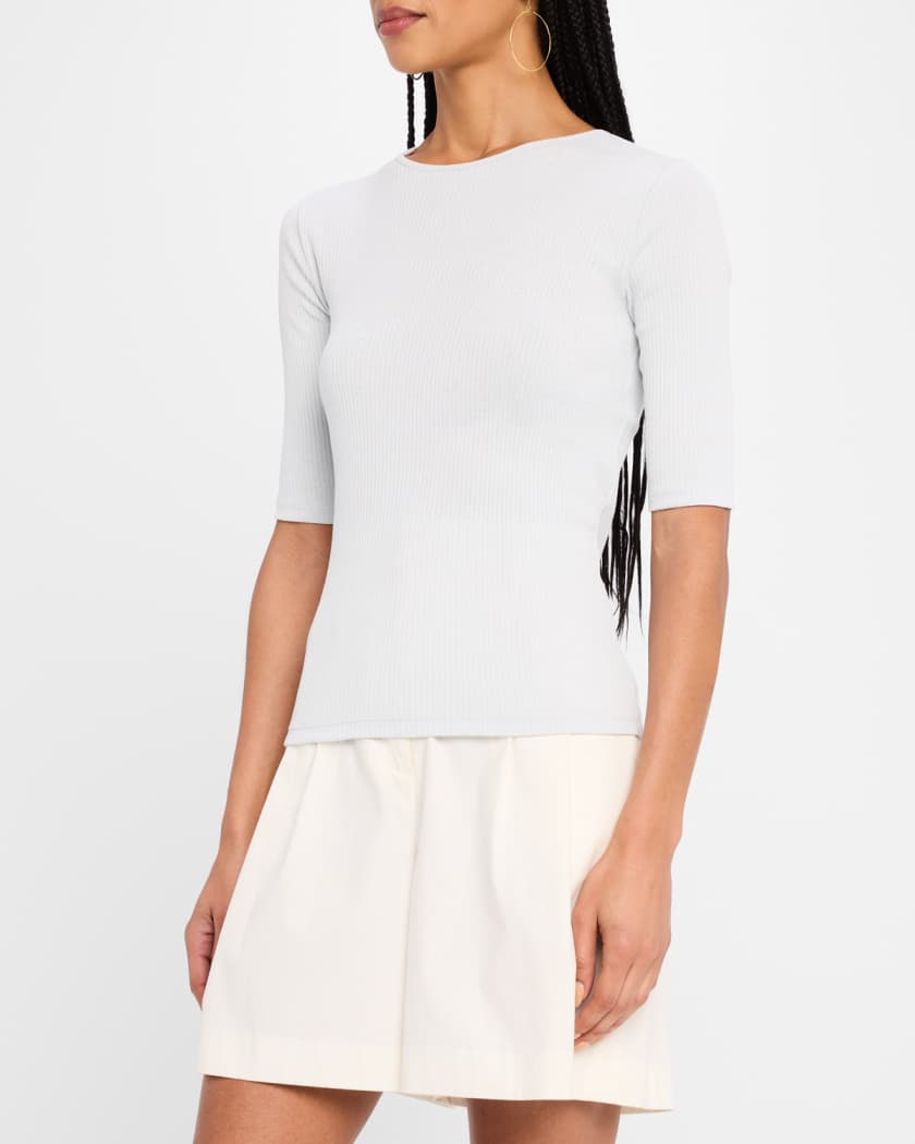 Ribbed Elbow-Sleeve Crewneck Top