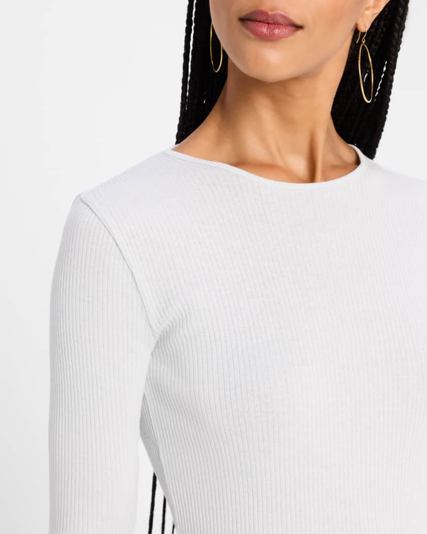 Ribbed Elbow-Sleeve Crewneck Top