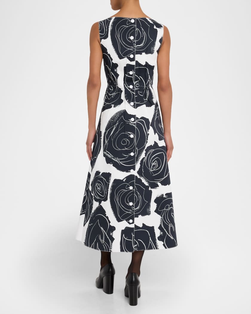 Rose-Print Sleeveless Button-Back Midi Dress