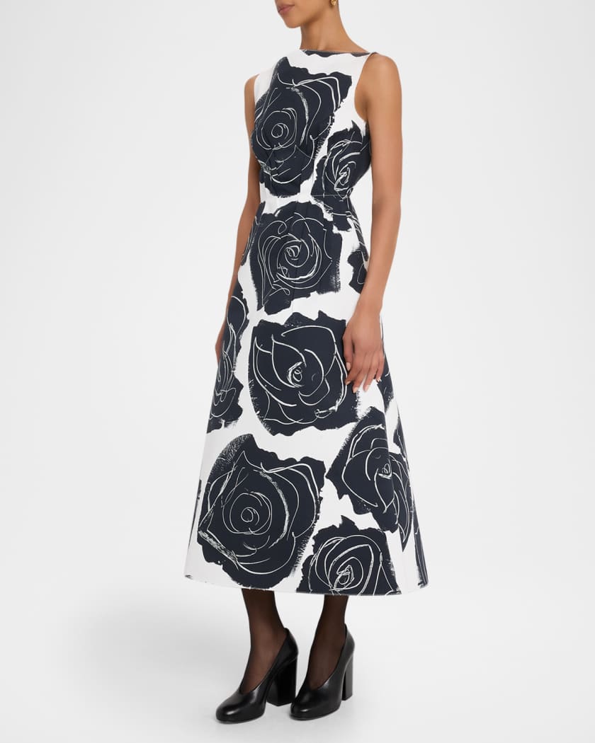 Rose-Print Sleeveless Button-Back Midi Dress