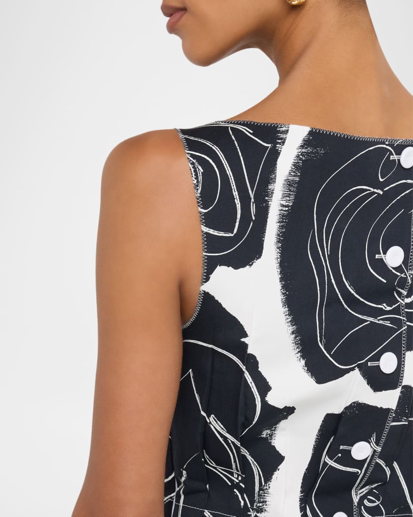 Rose-Print Sleeveless Button-Back Midi Dress