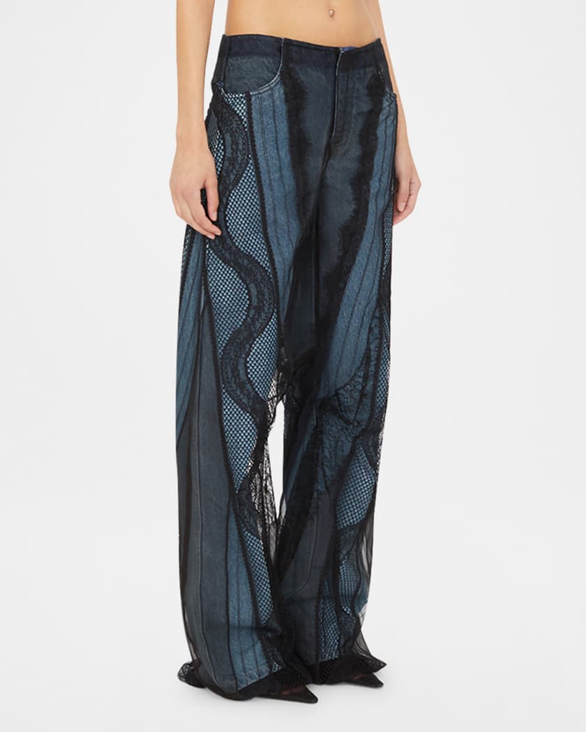 Lace Encased Denim Straight-Leg Jeans