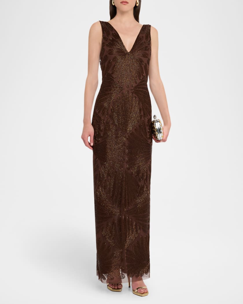 Backless Draped Beaded Column Gown