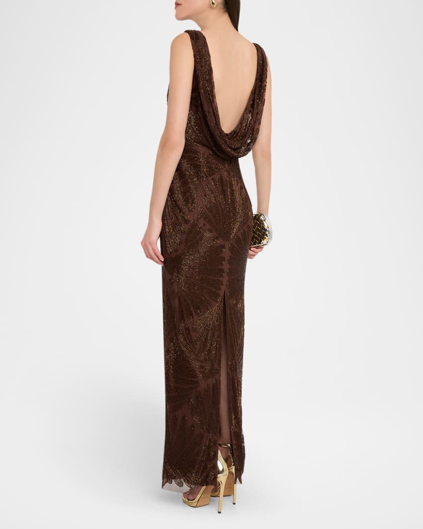 Backless Draped Beaded Column Gown