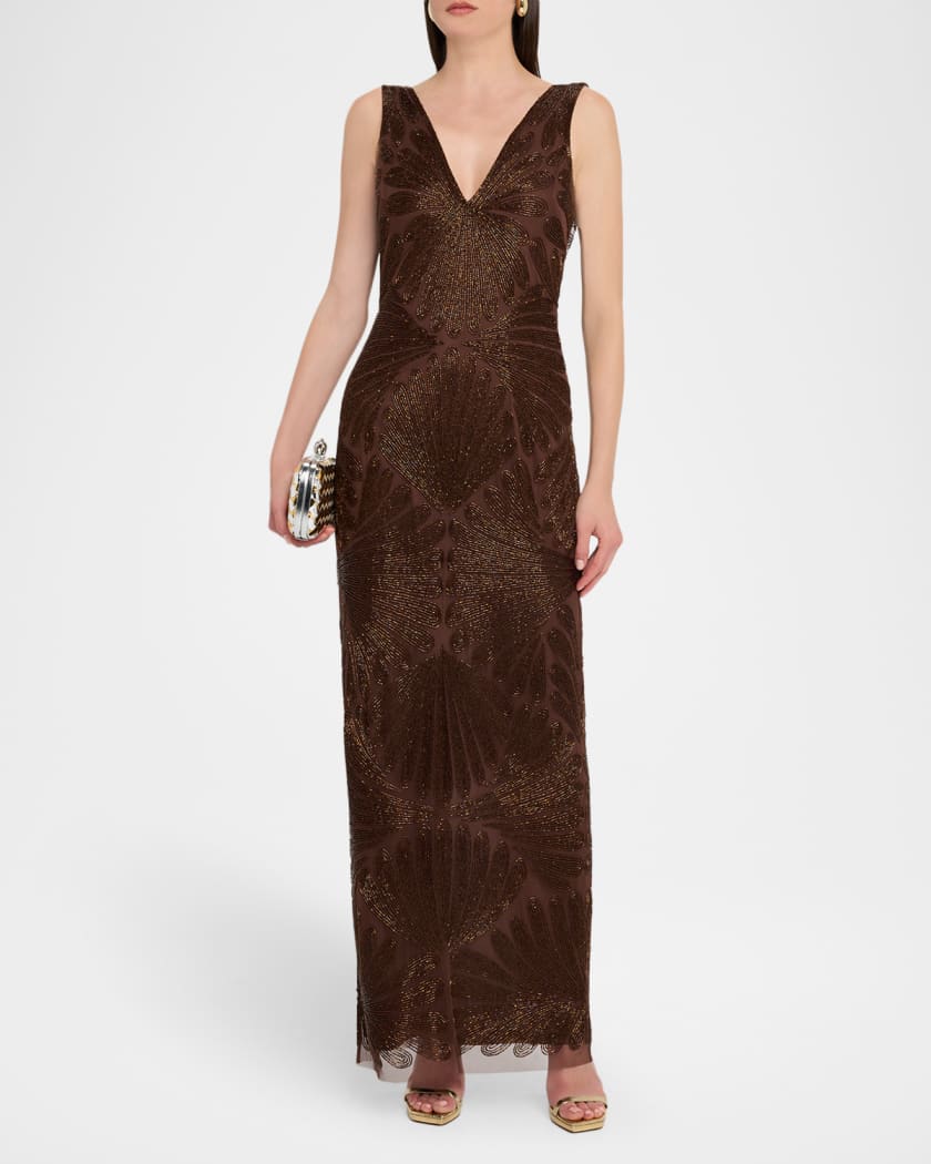 Backless Draped Beaded Column Gown