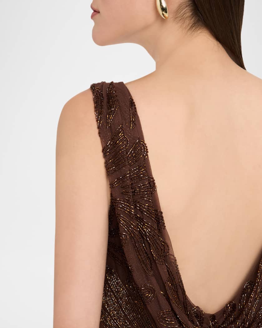 Backless Draped Beaded Column Gown