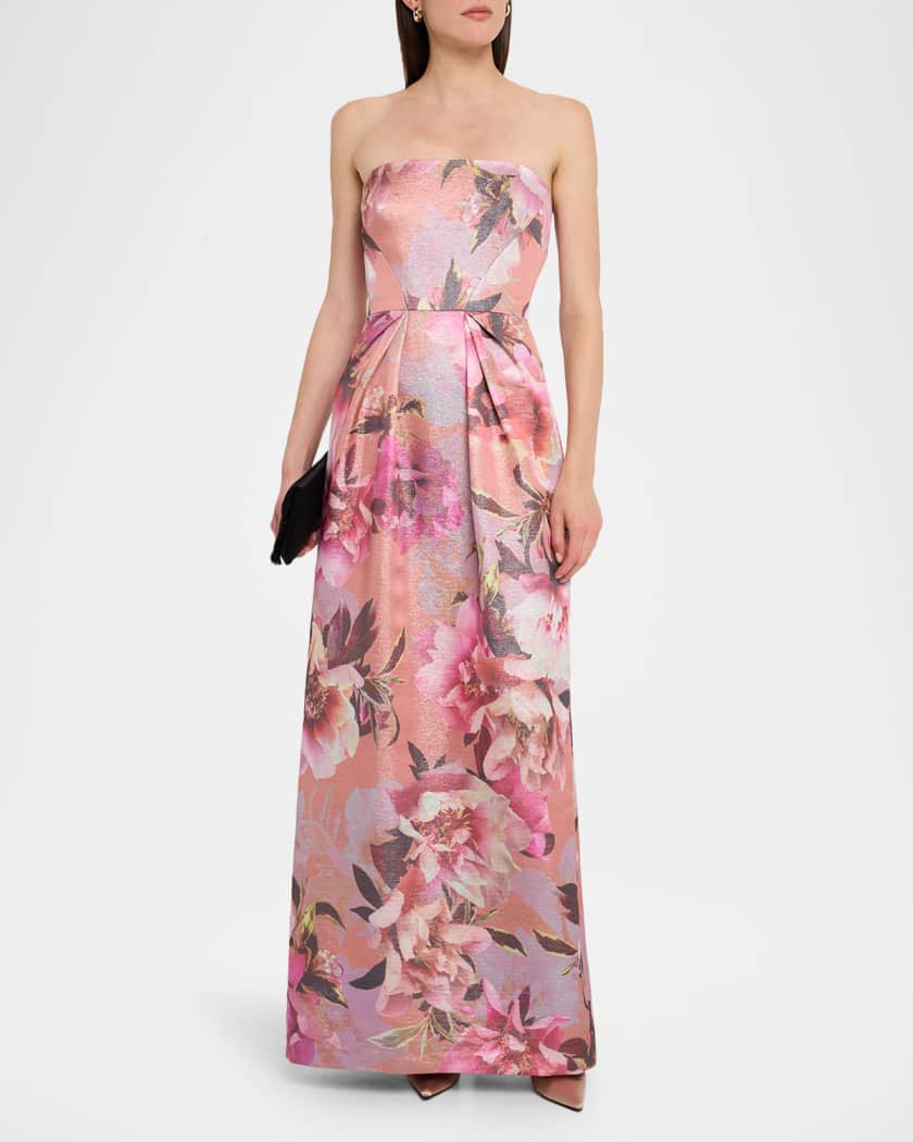 Strapless Floral-Print Shimmer Gown