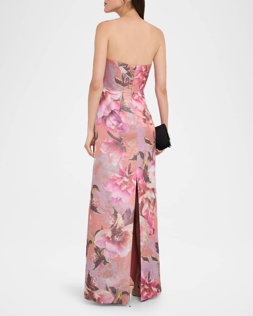Strapless Floral-Print Shimmer Gown
