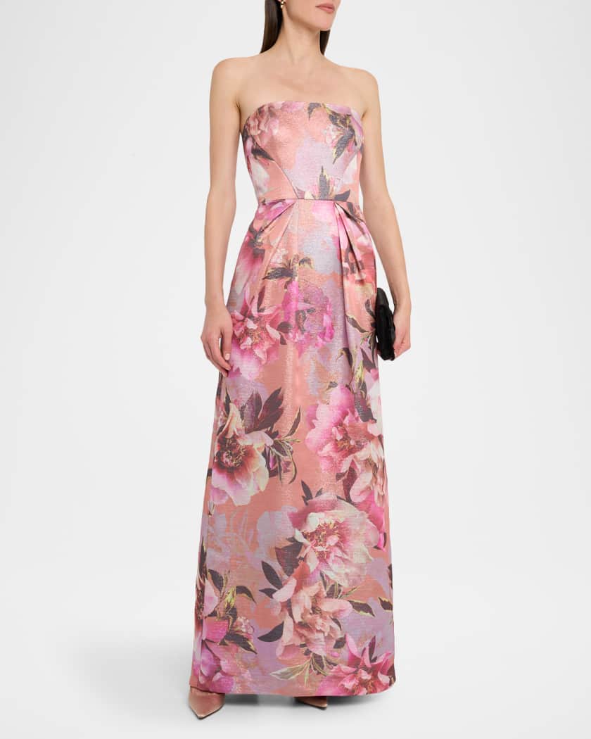 Strapless Floral-Print Shimmer Gown