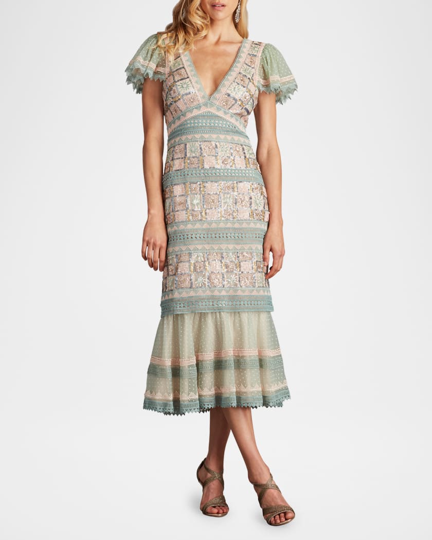 Flounce Geometric Sequin & Lace Midi Dress