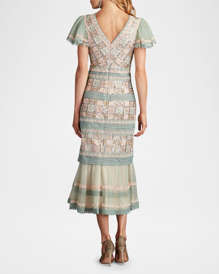 Flounce Geometric Sequin & Lace Midi Dress