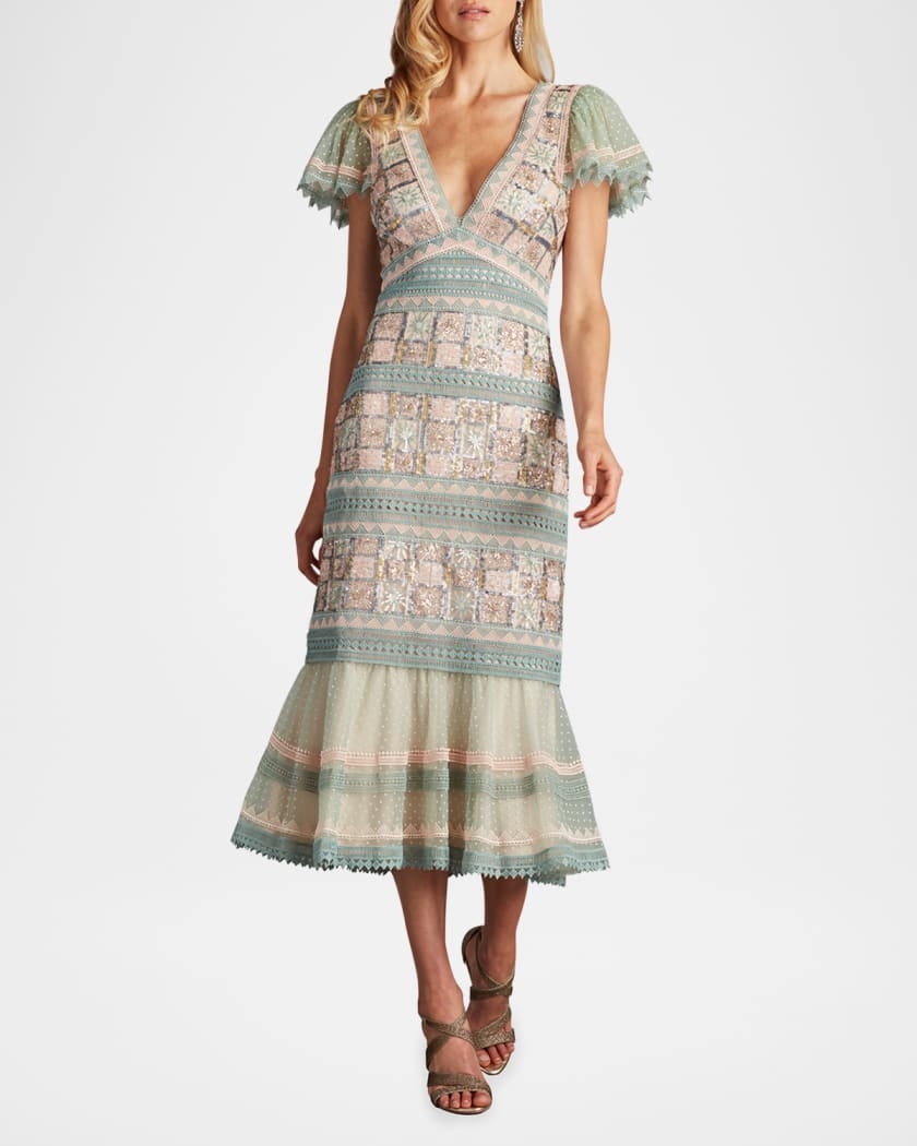 Flounce Geometric Sequin & Lace Midi Dress
