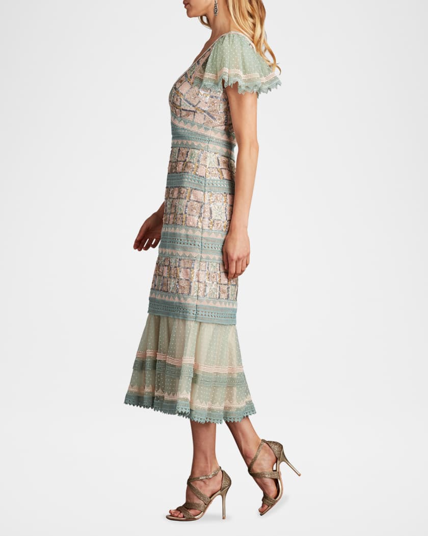 Flounce Geometric Sequin & Lace Midi Dress