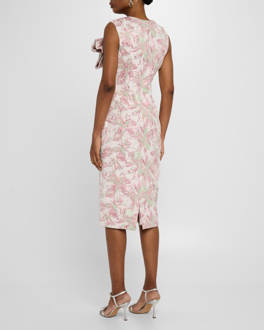 Bow-Front Metallic Jacquard Midi Sheath Dress
