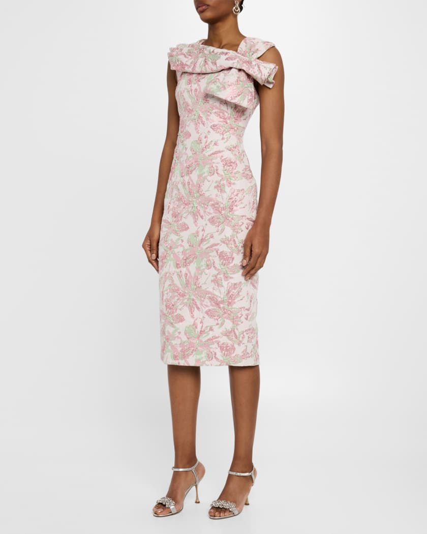 Bow-Front Metallic Jacquard Midi Sheath Dress