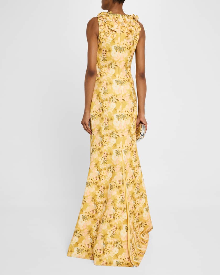 Floral-Print Scuba Trumpet Gown