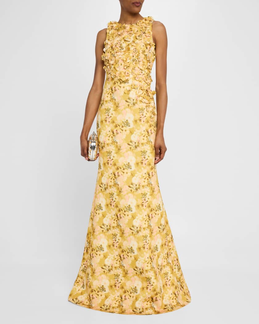 Floral-Print Scuba Trumpet Gown