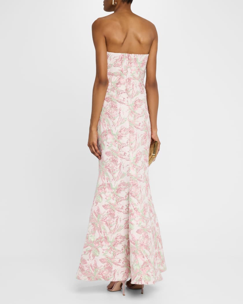 Strapless Pleated Metallic Jacquard Gown