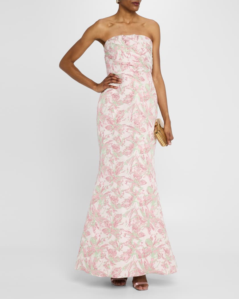 Strapless Pleated Metallic Jacquard Gown