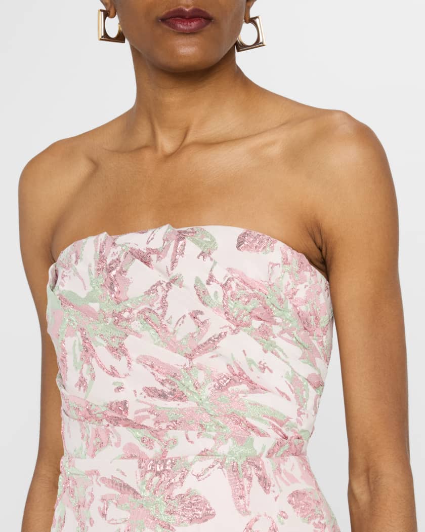 Strapless Pleated Metallic Jacquard Gown