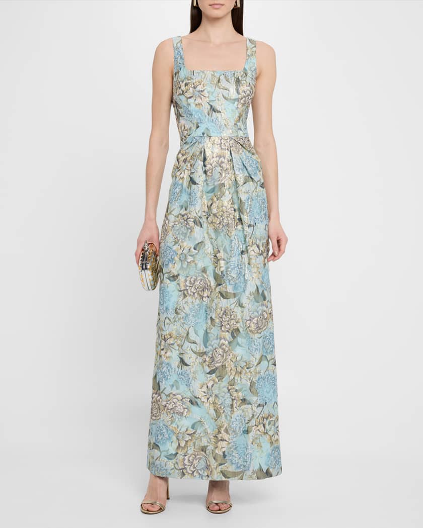 Aidan Mattox Pleated Metallic Floral Jacquard Gown | Neiman Marcus