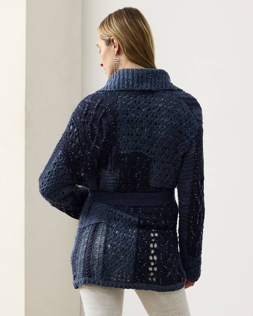 Patchwork Silk-Linen Belted Cardigan