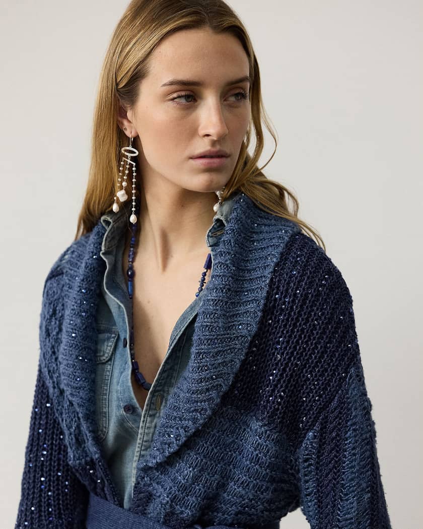 Patchwork Silk-Linen Belted Cardigan