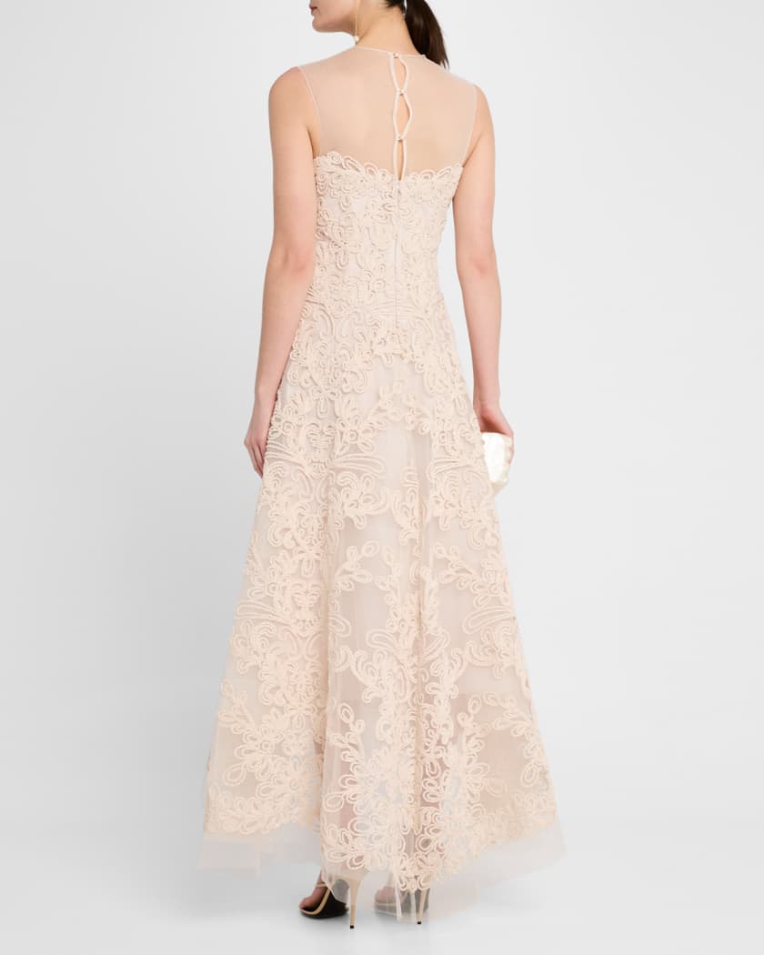 Macrame-Embroidered Illusion Maxi Dress