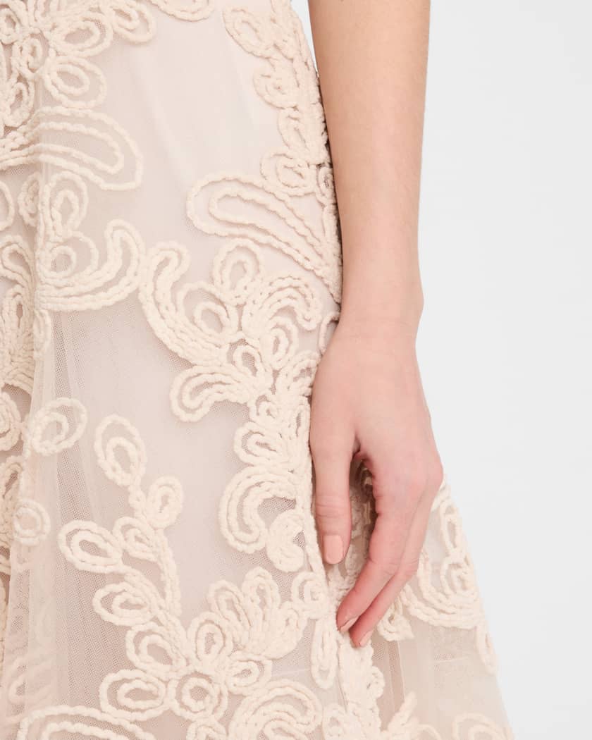 Macrame-Embroidered Illusion Maxi Dress