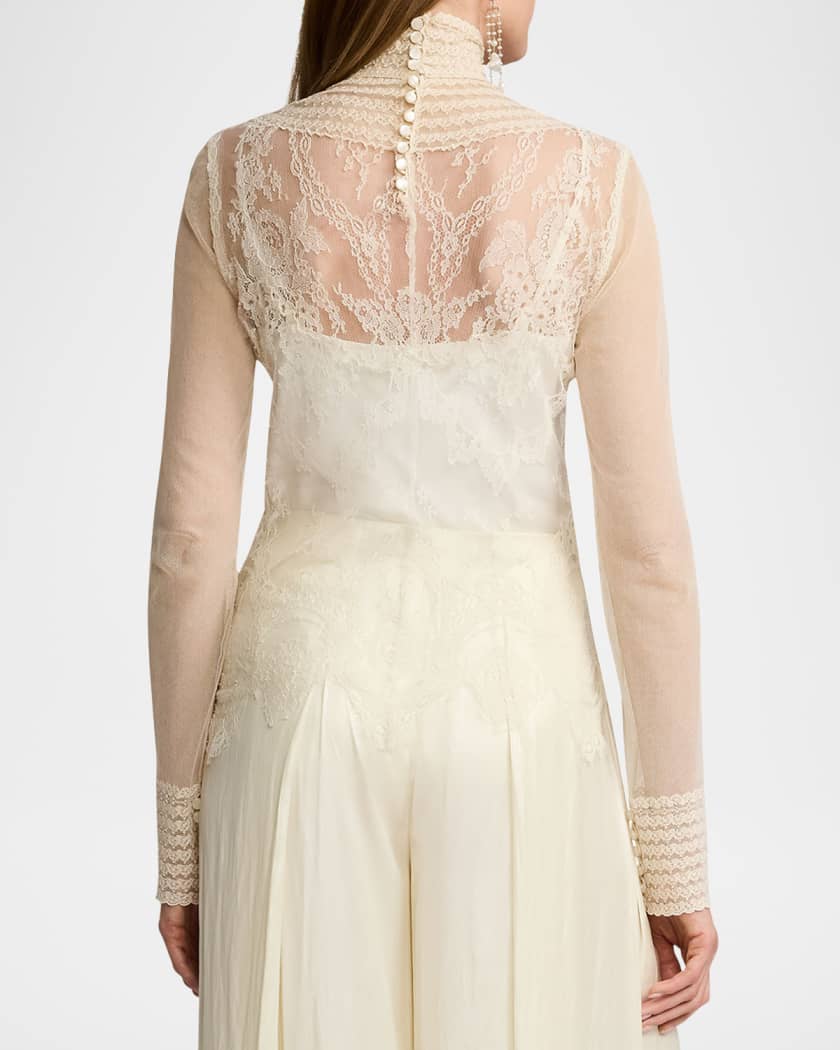 Delilah Embellished Floral Leavers Lace Turtleneck Top | Neiman Marcus