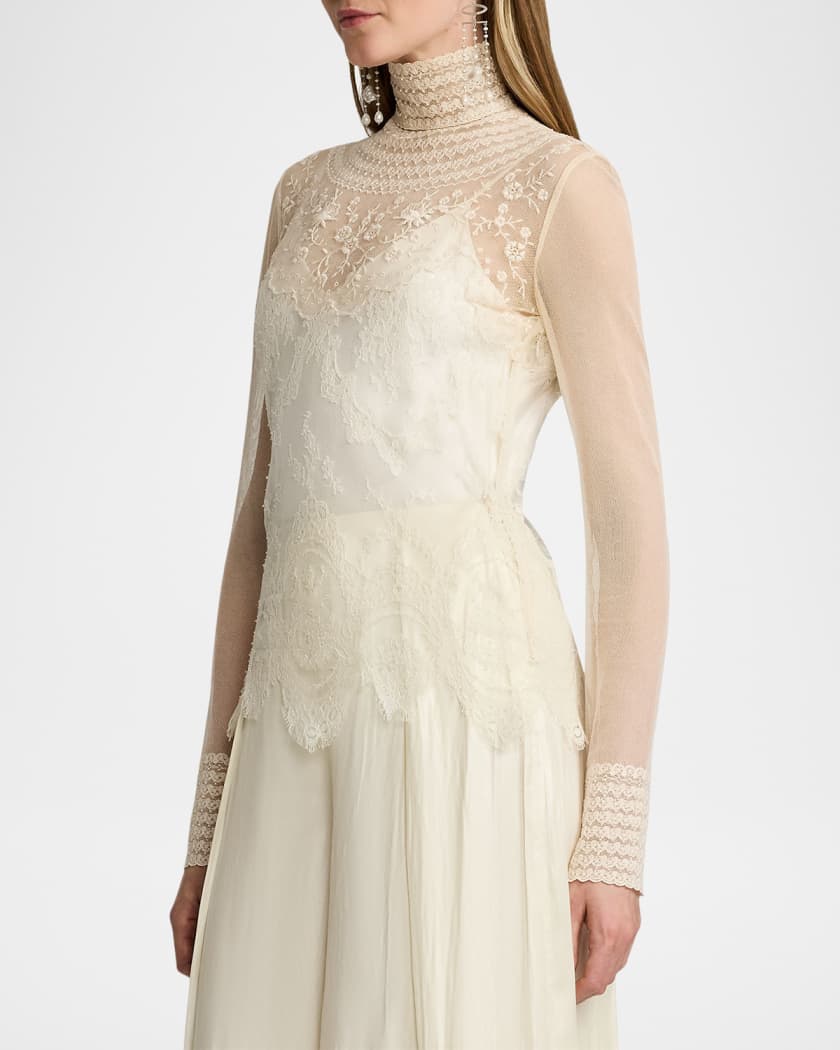 Delilah Embellished Floral Leavers Lace Turtleneck Top | Neiman Marcus