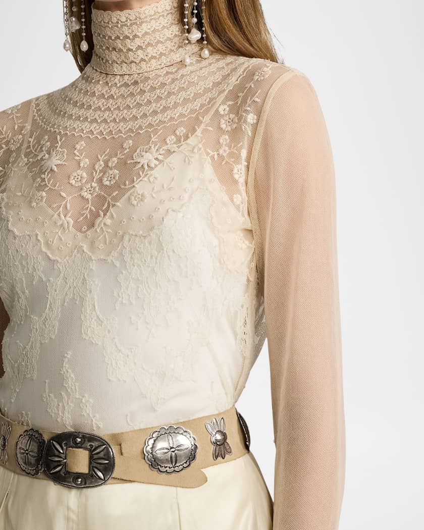 Delilah Embellished Floral Leavers Lace Turtleneck Top | Neiman Marcus