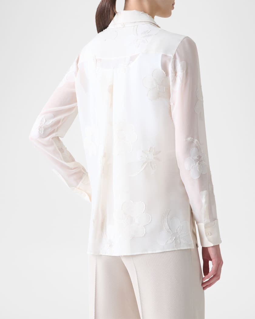 Akris Floral Jacquard Neck-Tie Button-Down Blouse | Neiman Marcus