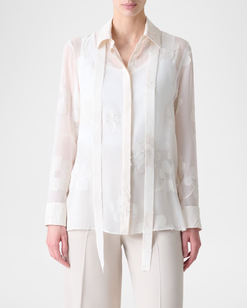 Akris Floral Jacquard Neck-Tie Button-Down Blouse | Neiman Marcus