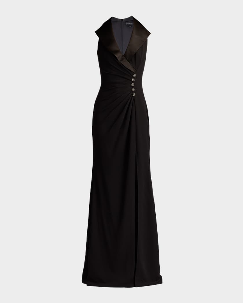 Tadashi Shoji Pleated Jewel-Embellished Crepe Tuxedo Gown | Neiman