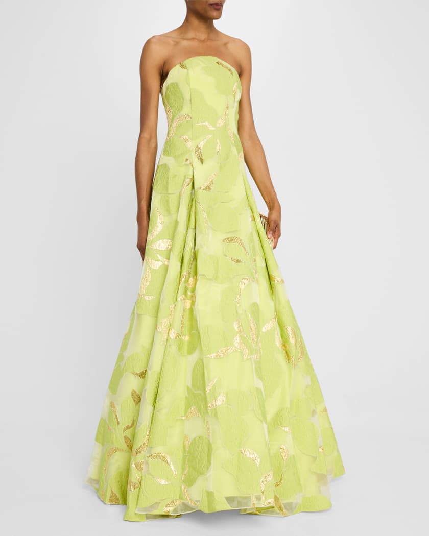 Pleated Strapless Floral Jacquard Gown
