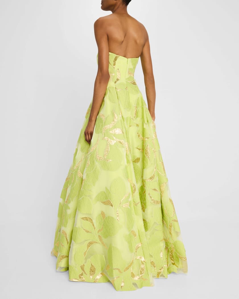 Pleated Strapless Floral Jacquard Gown