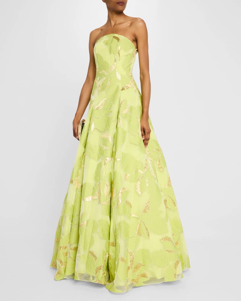 Pleated Strapless Floral Jacquard Gown