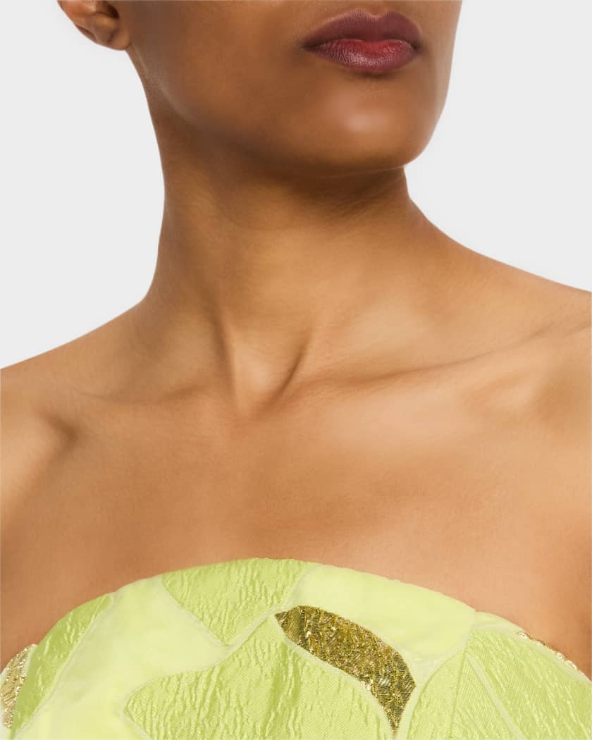 Pleated Strapless Floral Jacquard Gown