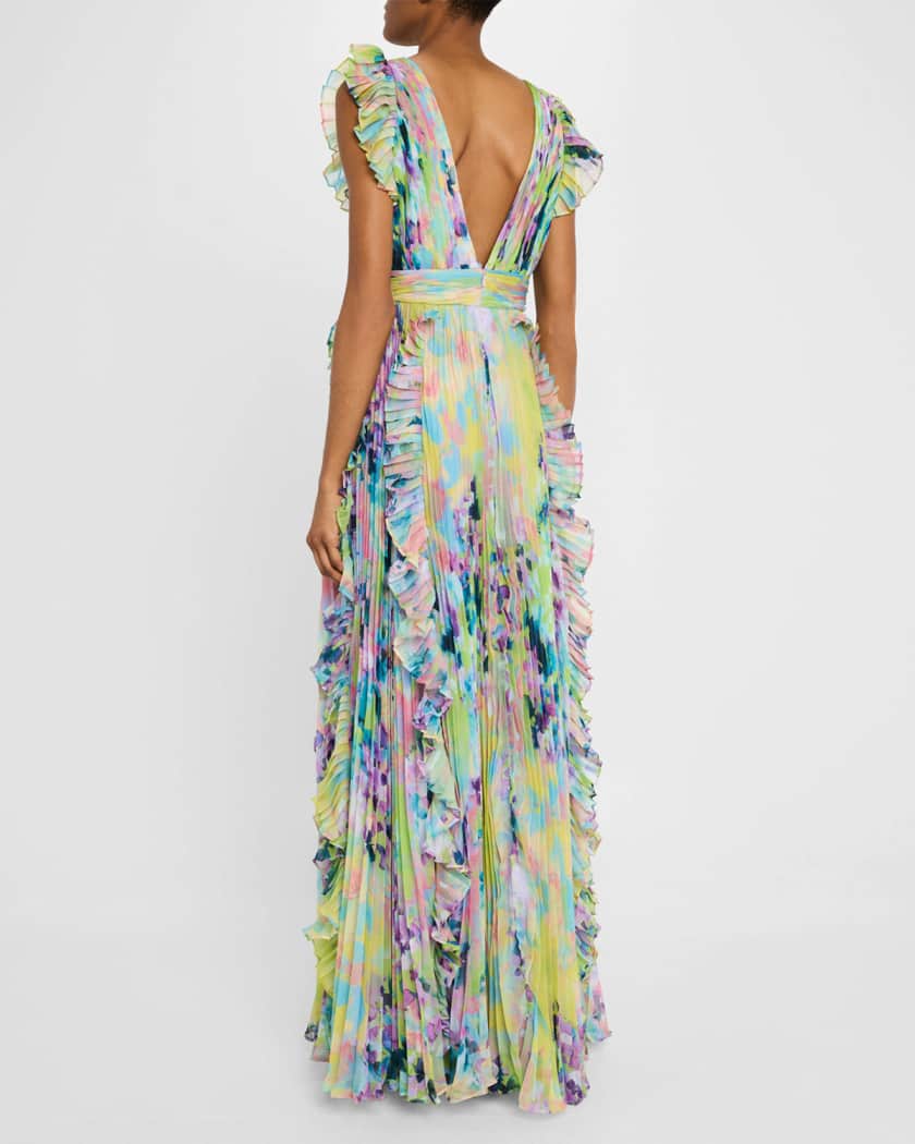 Pleated Ruffle-Trim Chiffon Gown