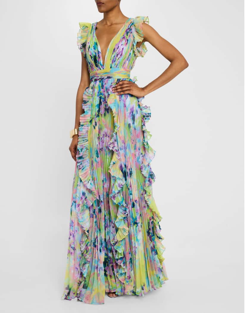 Pleated Ruffle-Trim Chiffon Gown