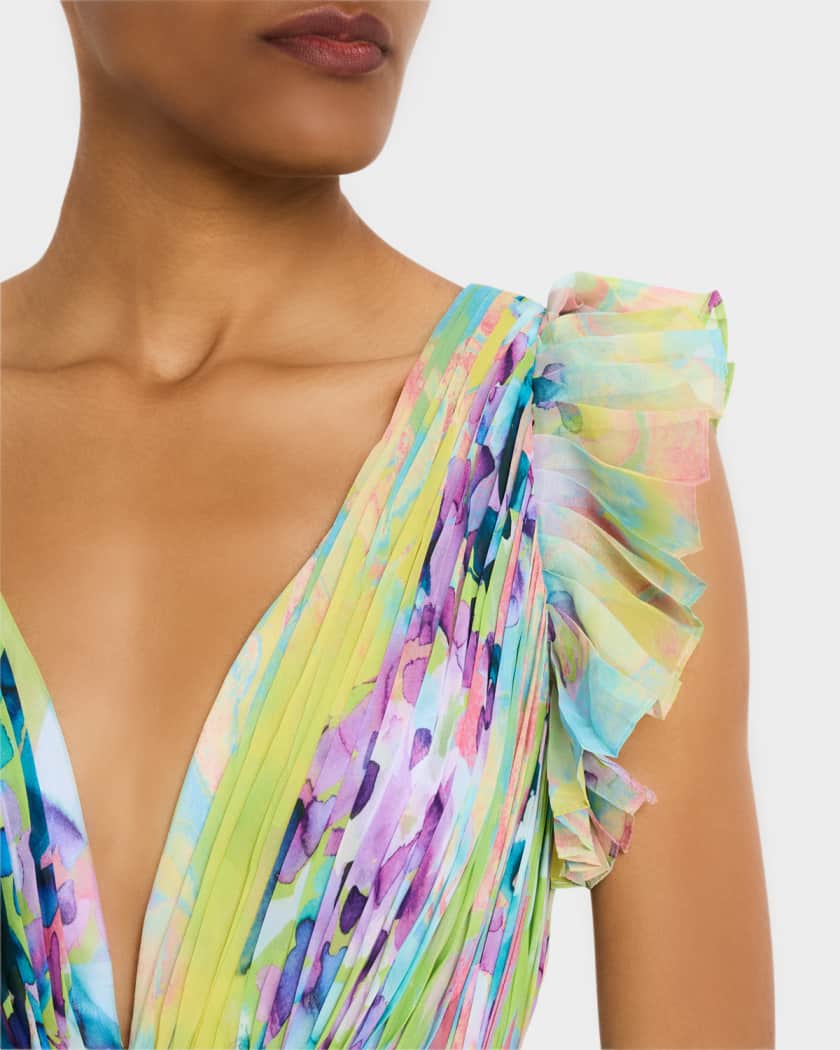 Pleated Ruffle-Trim Chiffon Gown
