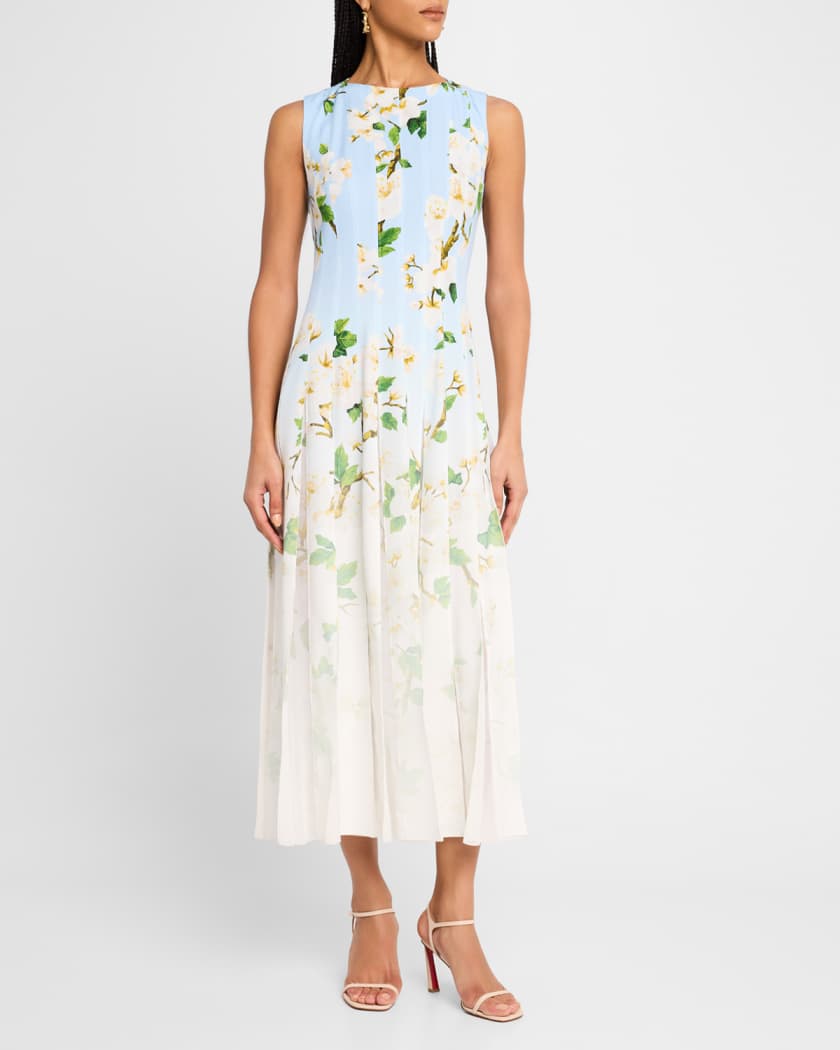 Sleeveless Cherry Blossom Pleated Cady Midi Dress